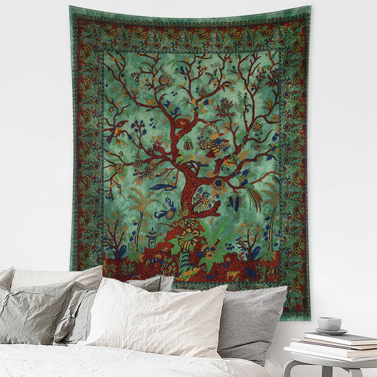 Retro Flower and Bird Tree Tapestry – Abstract Art Witchcraft Hippie Wall Hanging
