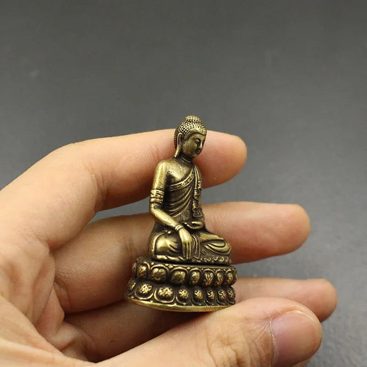 Brass Sakyamuni Buddha Figurine – Miniature Dharma Statue with Antique Copper Finish
