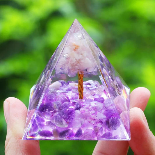 Crystal Stone Orgone Pyramid – Energy Generator with Natural Amethyst & Peridot