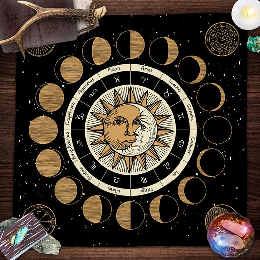 Mystical Colorful Sun & Moon Tarot Tablecloth – Astrological Altar Cloth for Divination & Witchcraft Decor