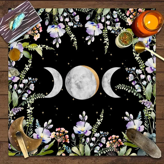 1pc Tarot Card Tablecloth – Moon Phase & Floral Pagan Altar Decoration