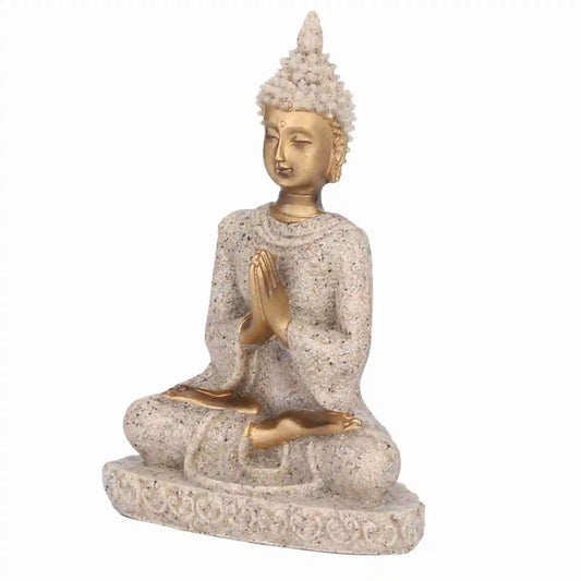 8cm Meditating Seated Buddha Statue – Sandstone Resin Carving for Home Decoration